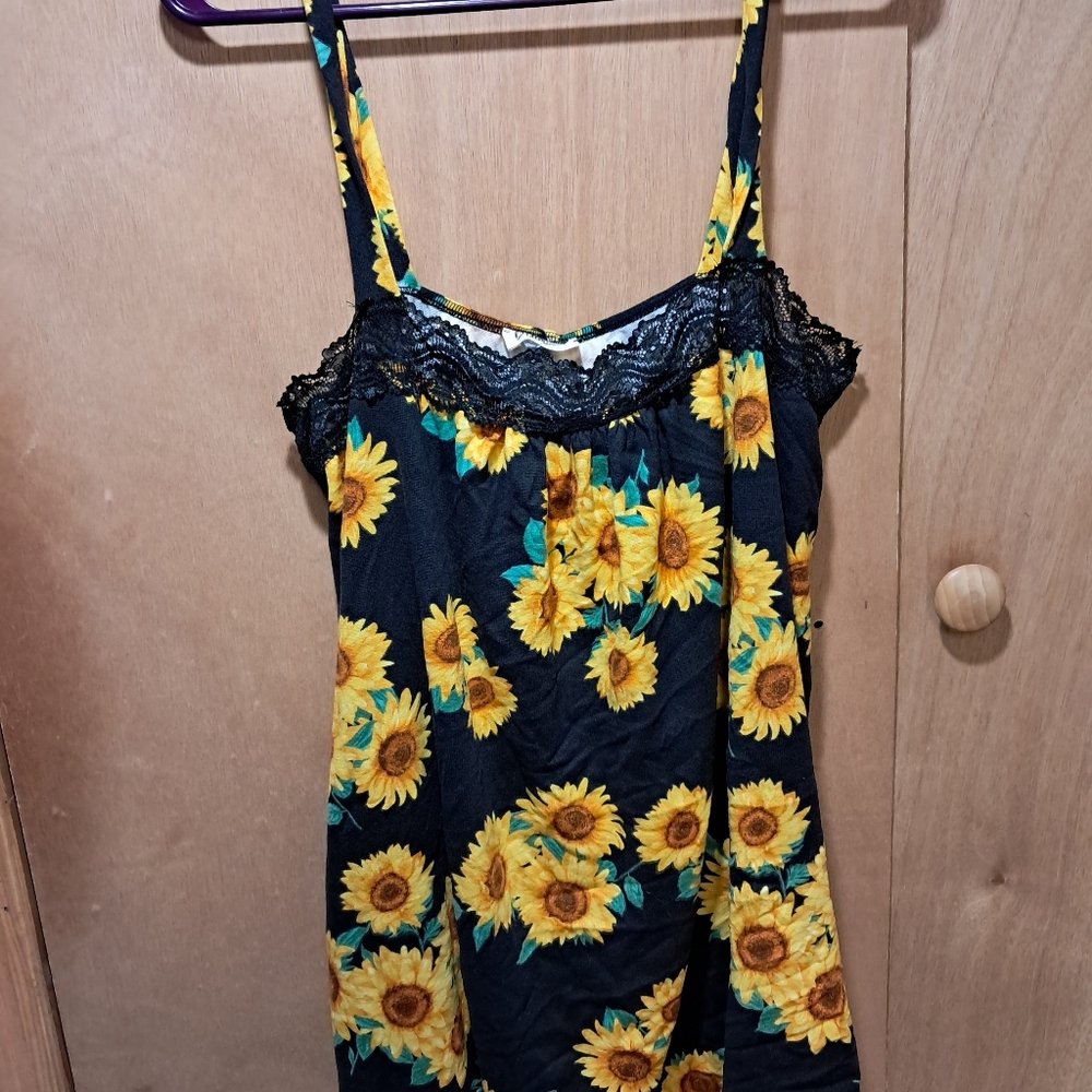 Sunflower Print Black Tank Top